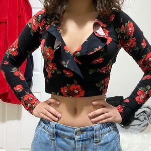 Red flowered Crop Top